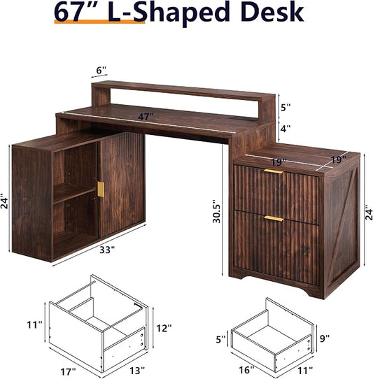 67" Modern Desk with Storage Cabinet & 2 Drawers, Built‑in Outlet | L Shaped Desk with Storage, Wood Home Office Desk, storage cabinet with sliding doors, Dark Walnut