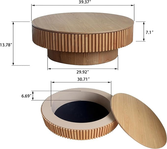 39'' Round Coffee Table with Storage, Modern Wooden Coffee Table with Solid Wood Veneered, Circle Center Table Accent Tea Table for Living Room Apartment Natural Wood