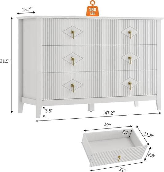 GarveeHome Fluted Dresser for Bedroom, 47.2 Inch Wide 6-Drawer Wood Dresser, Modern Chest of Drawers, Storage Organizer Cabinet for Living Room, Hallway, Entryway, White