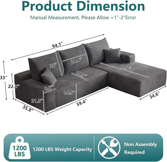 95" Modular Sectional Couch, Boneless L Shaped Cloud Sofa with Chaise Lounge, Corduroy Upholstered Couches Memory Foam Deep Seat, No Assembly Required, Ideal for Living Room(Dark Gray, Right Facing)