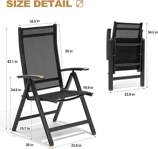 Pellebant 2 Pieces Aluminum Outdoor Dining Chairs, Patio Foldable Adjustable Backrest Armchair, Weather Resistant Outdoor Furniture Set for Deck, Porch & Backyard