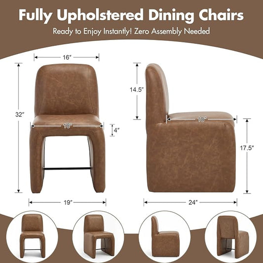 Hyfirm Mid-Century Modern Brown Faux Leather Desk Chair No Assembly Required | Fully Upholstered Armless Accent Chair with Metal Footrest, Comfy Side Chairs for Kitchen, Livingroom, Home Office, Study