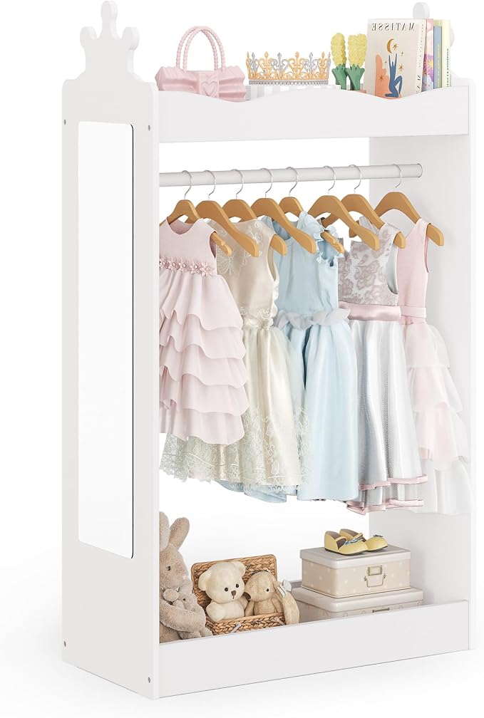 Curipeer Kids Dress Up Storage with Full-Length Mirror, Princess Closet for Little Girls, Kids Dress Up Rack with Crown Top, 42" Open Hanging Armoire Wardrobe for Bedroom, Playroom, Nursery, White