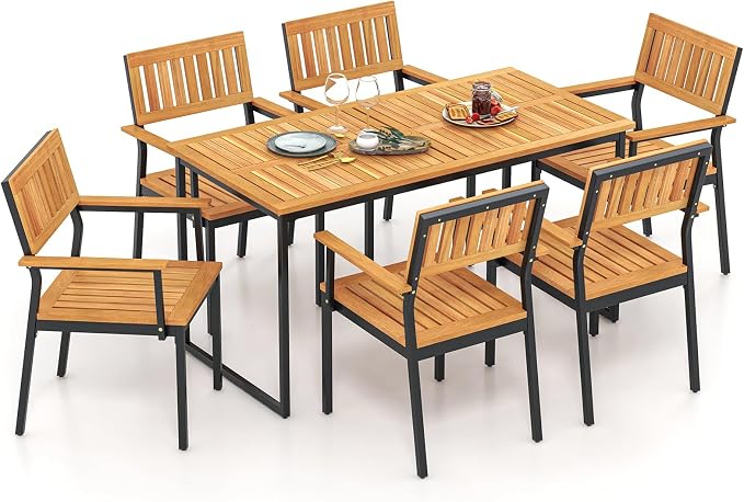 Tangkula 7 Piece Outdoor Dining Set for 6, Acacia Wood Rectangular Dining Table & 6 Armchairs w/Metal Frame, Umbrella Hole, Farmhouse Dining Furniture Set for Garden Porch Poolside Yard