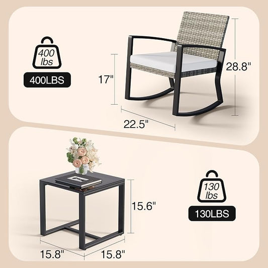 Qsun 3 Pieces Outdoor Patio Furniture Set Rocking Bistro Set, Outdoor Patio Furniture Set with Coffee Table for Garden Balcony Backyard Poolside (Light Grey Cushion)