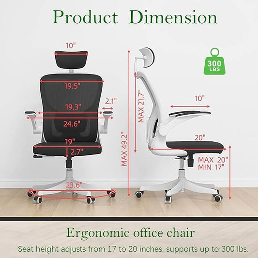 Ergonomic Office Chair, High-Back Mesh Computer Desk Chair with Adjustable Height, Lumbar Support, Flip-Up Armrests,headrest,and Swivel Rolling Design for Home and Office Use