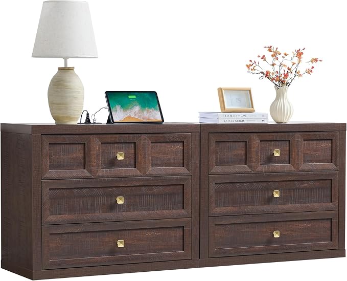 3 Piece Bedroom Set - Includes 6 Drawer Dresser and 3 Drawer King Size Nightstands Set of 2 with Charging Station, 3 Piece Farmhouse Dresser and Nightstand Sets,Brown