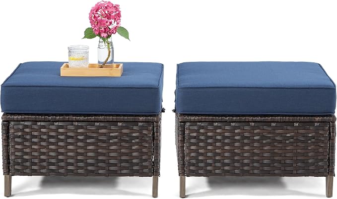 Joyside Patio Ottoman Set of 2, All Weather Outdoor Rattan Ottomans Patio Footstools with Removable Cushions for Garden Backyard Porch (Blue)