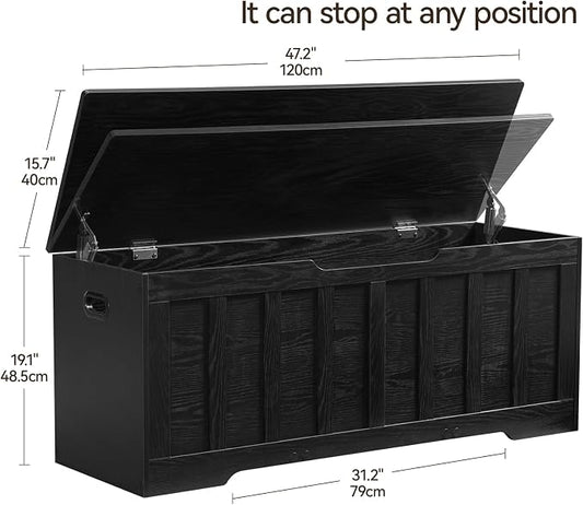 VANKILEY 47.2" Storage Chest Extra Large,Storage Trunk with 2 Safety Hinges,Wooden Storage Bench,Shoe Bench,47.2x15.7x19.1 Inch,Easy Assembly,Storage Bench for Bedroom,Living Room,entryway(Black).