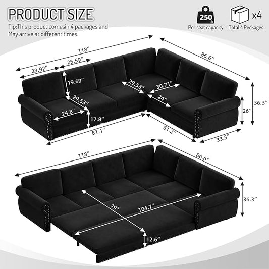 118" L-Shaped Sleeper Couch Bed - Oversize Convertible with Pull-Out Sofa Bed, Button Tufted Chesterfield Sofa, Chenille Sectional Vintage Couches for Living Room/Apartment(6-Seater, Black)