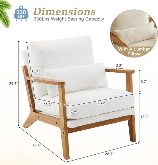 VINGLI Solid Wood Wide Armrests Accent Chair,Upholstered Mid Century Modern Chair with Pillow,Comfy Reading Chair Farmhouse Arm Chair,Chairs Living Room,Bedroom,Guest Room,Teddy Fleece,White