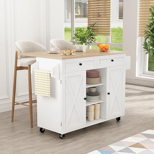 HLR Kitchen Island On Wheels, Rolling Kitchen Island Cart with Drop Leaf Countertop, Barn Door Kitchen Islands Table with Storage Cabinet and Tower Rack, Island Table for Kitchen