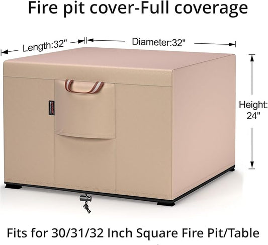 QH.HOME Fire Pit Cover Square-29-32 Inch Heavy Duty 900D Strong Tear-Resistant and UV Resistant and Waterproof and Fading Resistant Material Polyester Firepit Covers for Outdoor Fire Table-Wheat