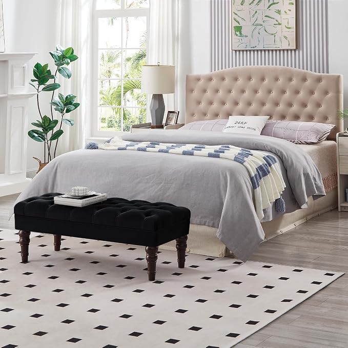 24KF Velvet Upholstered Buttons Tufted Entryway Bench with Solid Wood Leg,Bed Bench Ottoman with Padded Seat,5061N-Black