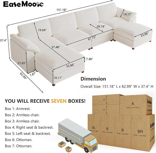 EASE MOOSE Oversized U Shape Sectional Couch Wide Deep seat Sectional Sofa, Comfortable Oversized White Cloud Modular Sofa