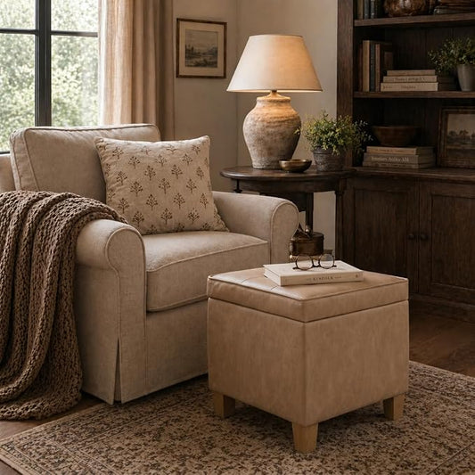 HomePop 18" Square Tufted Storage Ottoman - Sand Faux Leather