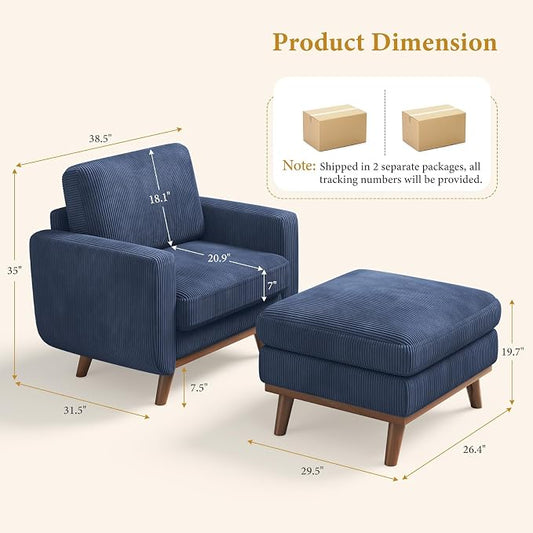 Vesgantti 38.5" Accent Chair with Movable Ottoman, Comfy Corduroy Armchair with Spring Cushion, Reading Chair with Ottoman, Modern Single Sofa for Living Room, Bedroom and Apartment, Dark Blue
