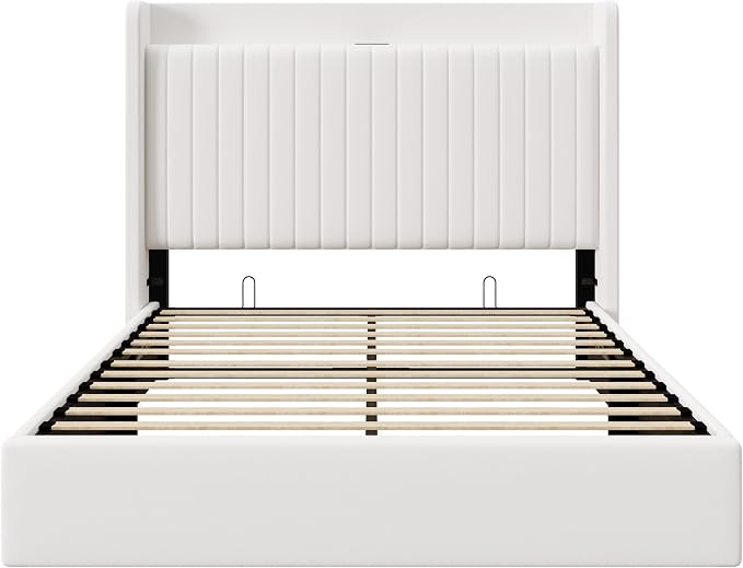 Allewie Queen Size Lift Up Storage Bed Frame,Storage Shelf Headboard with Charging Station,Type-C and USB Ports,Hydraulic Support,Velvet Upholstered Bed Frame,No Box Spring Needed,White