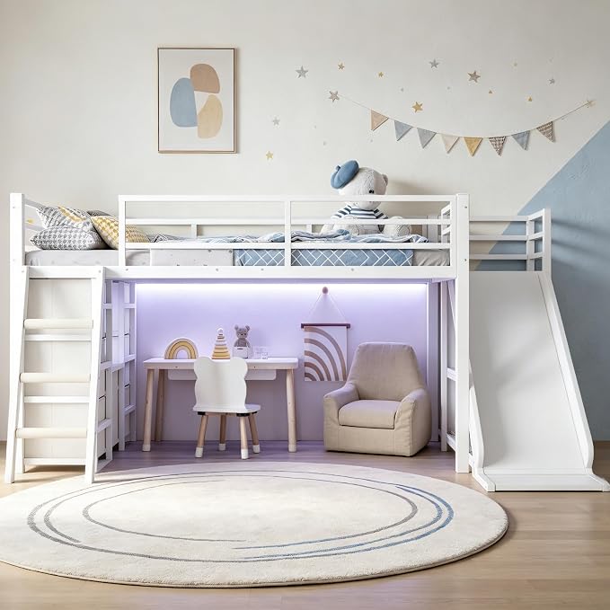 Bellemave Twin Loft Bed with Slide & Ladder, Metal Kids Loft Bed with Storage Drawers & LED Lights, Low Loft Bed Twin Size with Wood Wardrobe & Bookcase, Loft Bed for Kids Teens, White