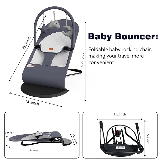 Portable Baby Bouncer Seat for Infants, 0-18 Months, 3 Modes of Use with Rocker & Stationary Options, Ergonomic Infant Chair with Hanging Toys – Grey
