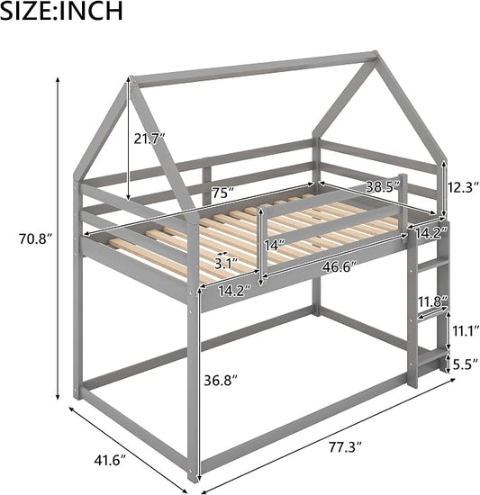 Merax Wood Montessori Bunk Bed with Ladder Twin Over Twin, Low Bunk Bed for Boys, Girls Space-Saving,No Box Spring Needed Gray