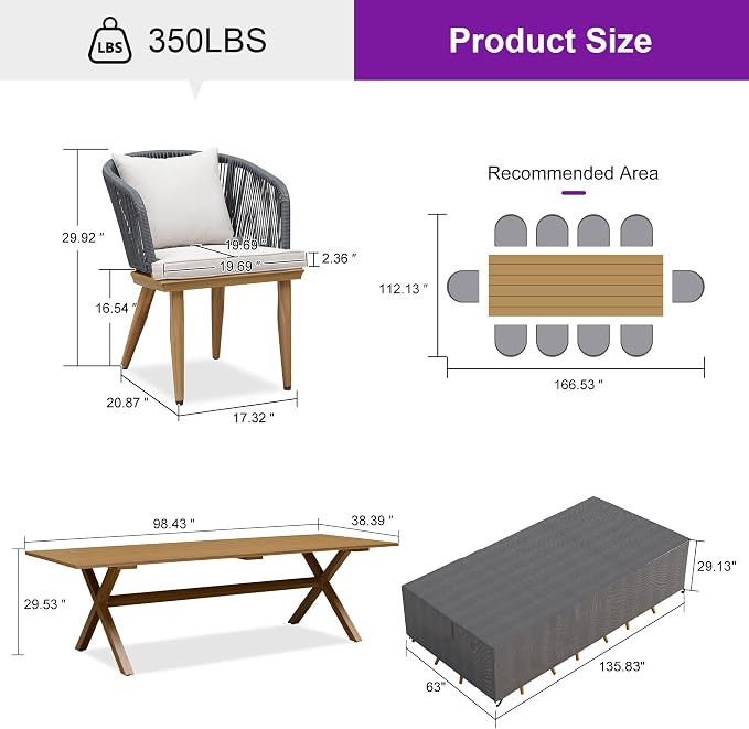 PURPLE LEAF 11 Pieces Patio Dining Set with Waterproof Furniture Cover Rectangular Table and Chairs Set for Garden Deck Aluminum Frame Backyard Kitchen Set, Cushions and Pillows Included Teak