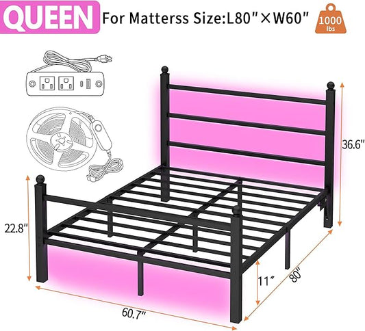 CLIBFENG Queen Size Bed Frame with Headboard and Footboard,Steel Slats Support-LED Bed Frame with USB Charging Station,Mattress Foundation-Under Bed Storage,No Box Spring Needed,Noise Free,Black