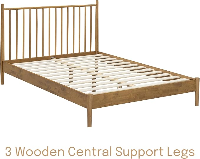 NTC Inno Wooden Bed Frame with Headboard, Solid Oak and Rubber Wood Foundation with Silent Slats and Wood Central Supports, 1000 Lb Capacity, Effortless Assembly, Queen - Teak Look