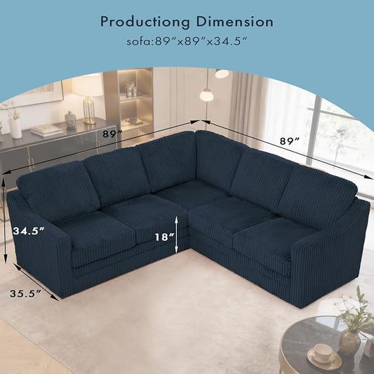 89 Inches Corduroy Sectional Sofa with High Density Sponge, Modern 5 Seats Corner Couch with Deep Seat, Comfy Modular L Shaped Couch with Comfortable Back Cushions for Living Room, Blue