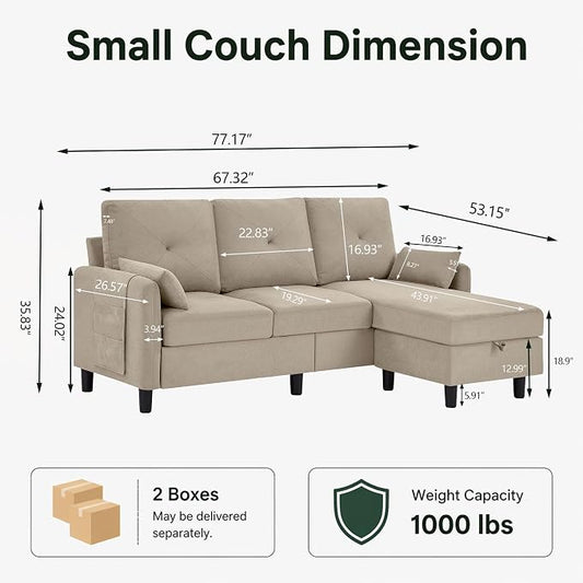 Convertible Sectional Sofa, 77" Small L Shaped 3 Seat Couch with Reversible Storage Chaise, Modern Polyester Fabric Sofa Couches for Living Room, Apartment and Small Space, Beige