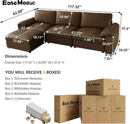 EASE MOOSE Leather Sectional Couch, Oversized Modular Sectional Sofas, Vintage Wide Deep Seat Modular Couch, Scratch Resistant Faux Leather Material, L Shaped Sofa for Big Spaces,Deep Brown