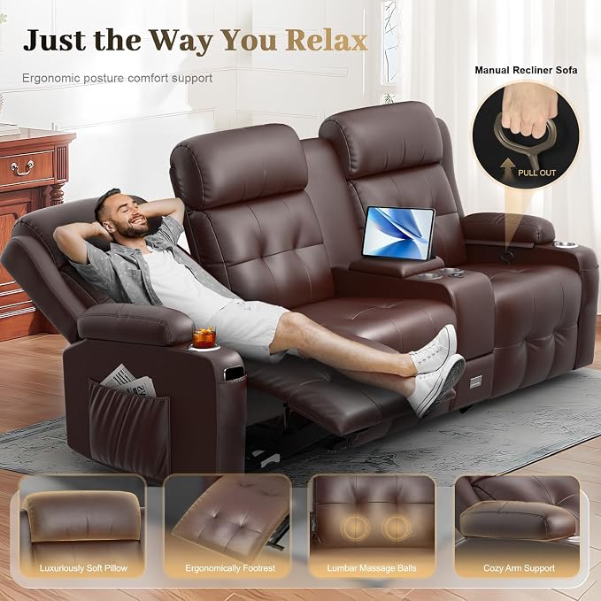 Recliner Sofa, Massage Reclining Sofa 3 Seater Sets Heavy Weight Capacity, RV Loveseat Couch Clearance with Console, USB, Type C Port, Storage, Cup Holders, Wall Hugger Chair for Living Room