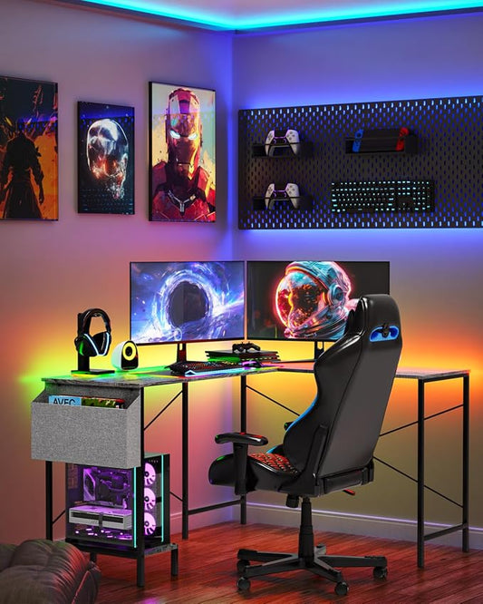 L Shaped Desk - 50" Reversible Home Office Computer Desk, Wood Top, Metal Frame, Side Bag, Sturdy Gaming Desk Corner Table for Work, Writing and Study, Space-Saving