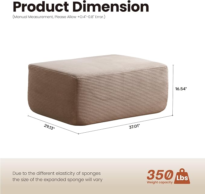 ovios 37" Corduroy Ottoman, Upholstered Cloud Ottoman for Boneless Couch in a Box, Modular Sectional Couches for Living Room Bedroom, Compressed Memory Foam, No Assembly Require, Beige