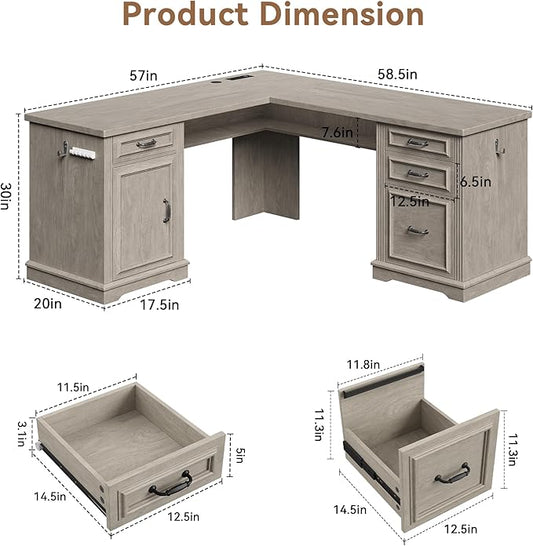 Farmhouse L Shaped Executive Desk with 4 Drawers, Home Office Desk with Hidden Under-Desk Storage Shelf and Charging Station, File Cabinet Storage, Wood Corner Computer Desk for Work and Study(Grey)