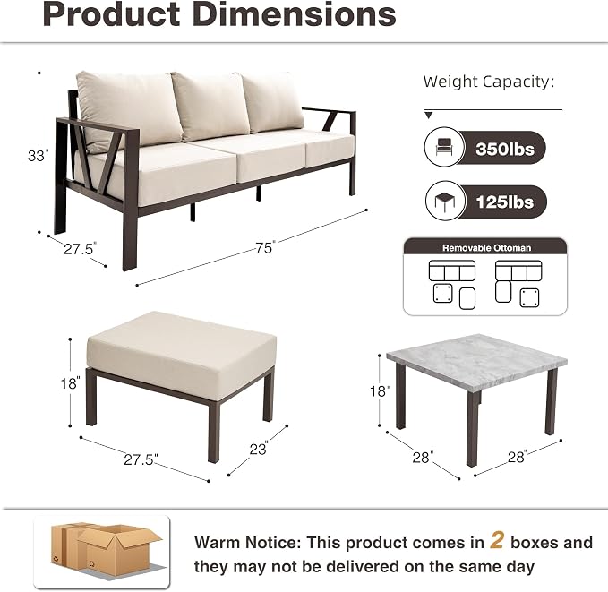 Outdoor Furniture Set, Outdoor Patio Couch Sectional with Ottoman, 3 Pieces Outdoor Patio Sofa Set Deep Seating with 6" Thick Cushions, Upgrade Beige