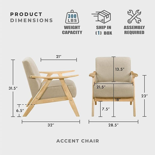 Lexicon Mid Century Modern Accent Chair with Solid Wood Frame in Natural Finish, Textured Fabric Living Room Lounge Arm Chair, Thick and Comfy Innerspring Seat Cushion, Linen-Look Fabric, Light Brown