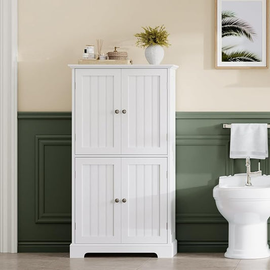 ChooChoo Bathroom Floor Cabinet, Modern Bathroom Storage Cabinet with 4 Doors and Adjustable Shelves, Freestanding Cupboard for Living Room, Kitchen Pantry, White