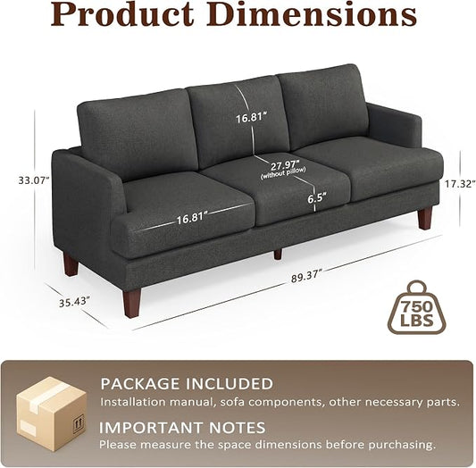 Gericco Mid Century Modern Couches for Living Room, 89" Comfy Couch Sofa with 3-Seater Deep Seats, Upholstered Sofas for Living Room, Office Apartment, Bedroom, Dark Grey