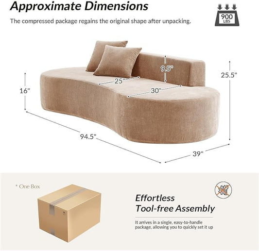 94.5" Modern Curved Sofa, 3-Seater Comfy Foam Couch with 2 Pillows, Frameless & No Assembly Required, Cloud Couch for Living Room, Pink