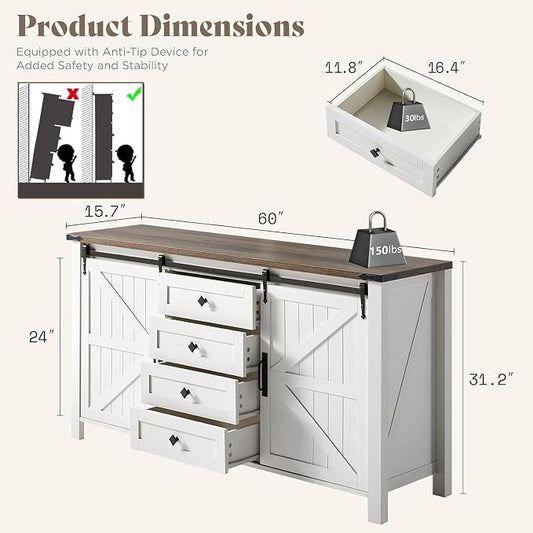 AMERLIFE 3-Piece Farmhouse Bedroom Furniture Set with Dresser and 2 Nightstands, Sliding Barn Door Wood Storage Set for Bedroom, Distressed White