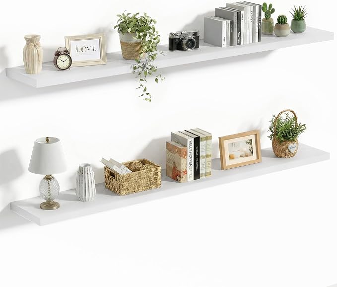 Vivelove 10 in Deep Floating Shelves for Wall, 55" x 10.2" x 1.5" Shelves for Room Wall Mounted, 1.5 Inch Thick Shelf for Bathroom Bedroom Kitchen Book Room, Modern Farmhouse Decor, Set of 2, White