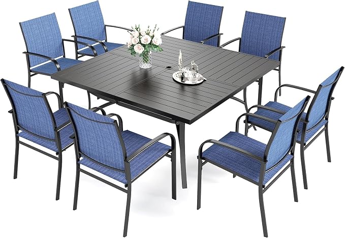 HERA'S HOUSE 9 Pieces Patio Dining Sets, Outdoor Table and Chairs Set of 8, 8 x Blue Textilene Dining Chair, 57.5" Square Metal Dining Table with 1.57" Umbrella Hole for Lawn Garden Backyard Deck
