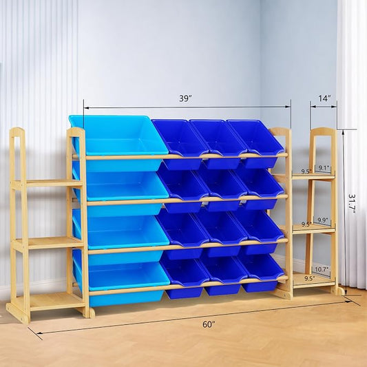 Kids Toy Storage Organizer with Bookshelf – Wooden Shelf with 16 Bins & 6 Shelves, Quick Assembly Storage Rack for Playroom, Bedroom, Nursery - Blue