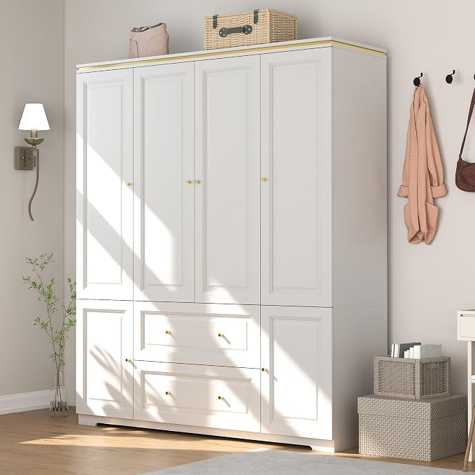 Bedroom Armoire Wardrobe Closet with Drawers: White Wardrobe Closet for Hanging Clothes, Large Wardrobes Storage Closets, Wood Closets Cabinets with Doors and Shelves (White, 59")