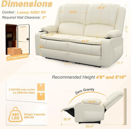 RV Loveseat Recliner Wall Hugger, Manual RV Reclining Loveseat with Removable Armrest, 3X Adjustable Theater Wall Hugger Loveseat Recliners with USB Ports, Cup Holders, Multi-Storage (PU,White)