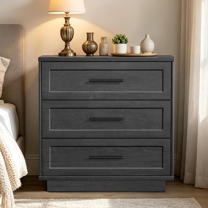 Fatmok Hotmeily 31.5" Wide Nightstand with 3 Drawers Set of 4, Oversized Wooden Bedside Storage Cabinet, Large Bedroom Side Table with Storage, Black Grey