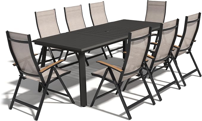 Pellebant 9 Pieces Aluminum Patio Table and Chairs Set - 83" Rectangular Table and Foldable Chair Outdoor Dining Set with Umbrella Hole, Weather Resistant Sturdy Frame for Deck, Porch & Backyard