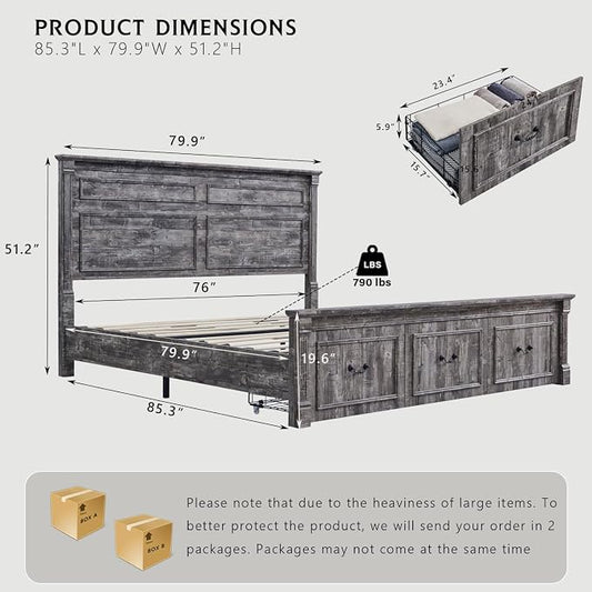 Aitjunz Farmhouse King Size Bed Frame with 51" Tall Headboard, Wood Platform Bed Frame with 20" Tall Roman Column Decoration Footboard & 3 Large Storage Drawers, No Box Spring Needed (Light Grey)