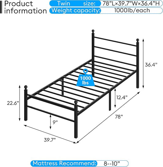 Twin Size Bed Frame with Headboard - Metal Platform Bed with LED Lights, Charging Station, Under Bed Storage and Heavy Duty Steel Slats Support - No Box Spring Needed, Easy Assembly, Black